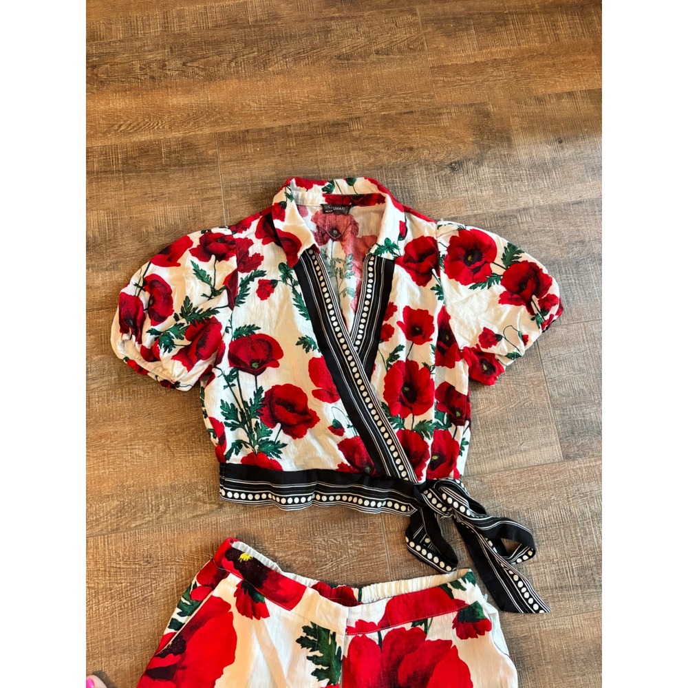 Lulumari Women Red Poppy Floral 2 Piece Set Wrap Crop Top Wide Leg Pants Large - Picture 5 of 6